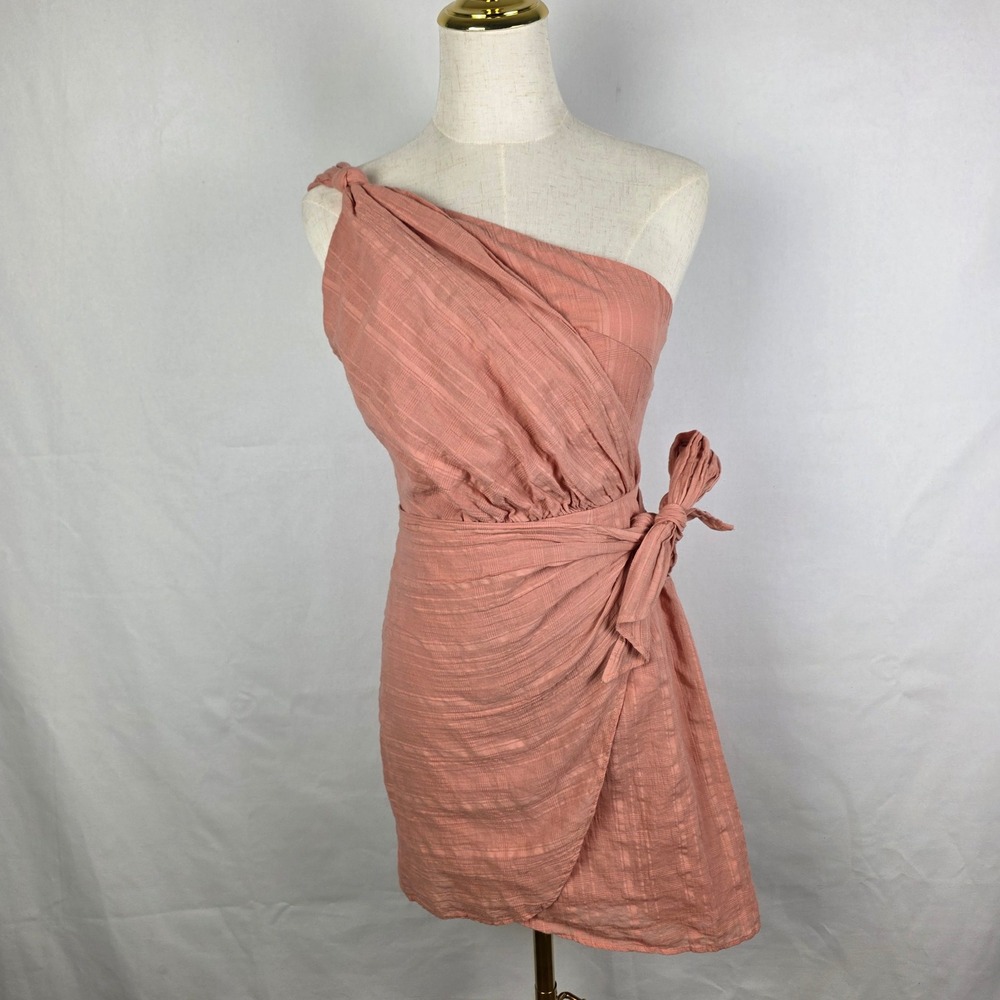 Hello Molly One Shoulder Cotton Mini Dress Pink Peach Side Tie Wrap Size S 4 - Picture 2 of 8